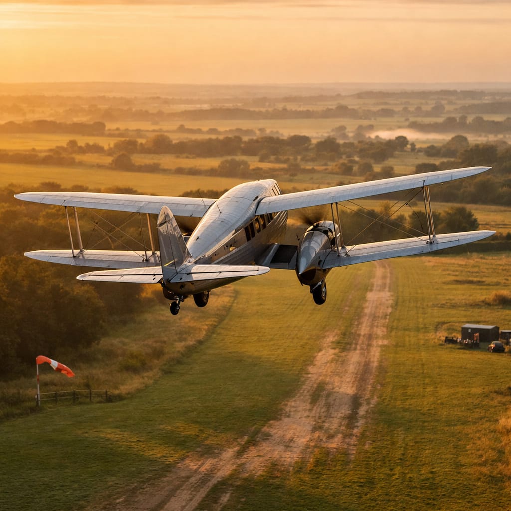 De Havilland Dragon Rapide flying off into the distance.